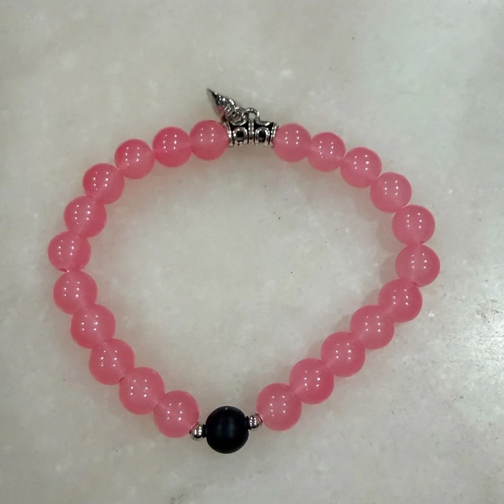 Pink & Black Beaded Heart Charm Couples Bracelet Set